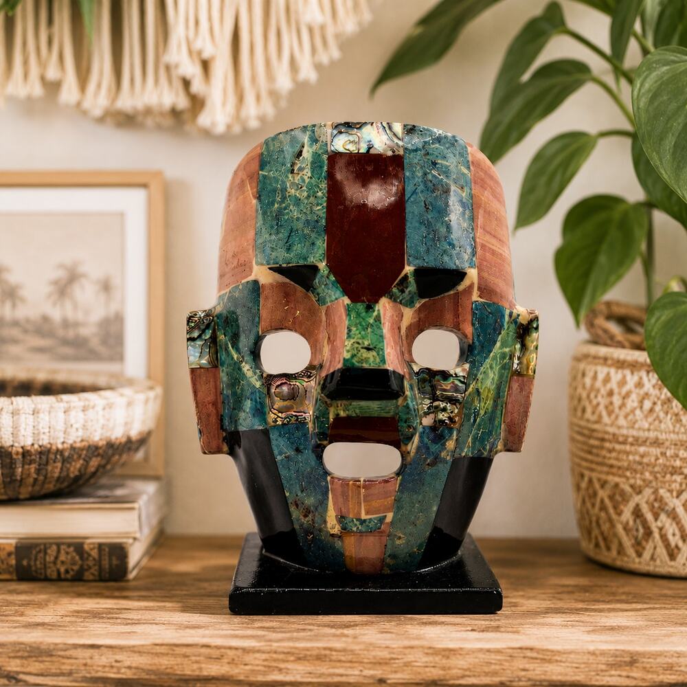 Vintage Mayan Aztec Inspired Mexican Mosaic Abalone Gemstone Death Mask